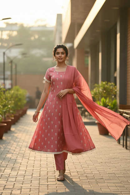 Rose Mul Chanderi Salwar Set – Walking Candid Pose, Golden Hour Street