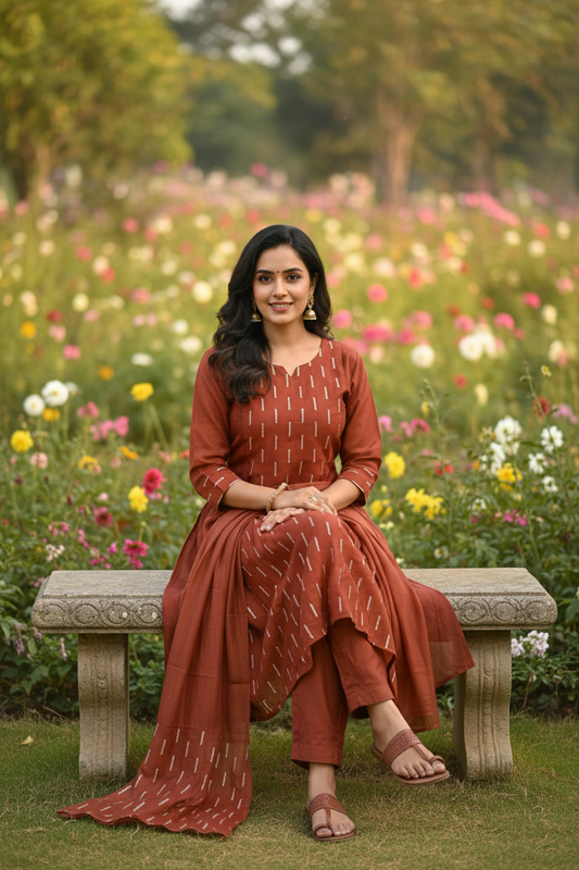 Rust Brown Mul Chanderi Thread Work A-Line Salwar Set – Plain Dupatta with Gold Thread Bottom Border – Indian Model Seated Garden Pose – Outdoor Natural Light – HD 8K Ethnic Wear Photography