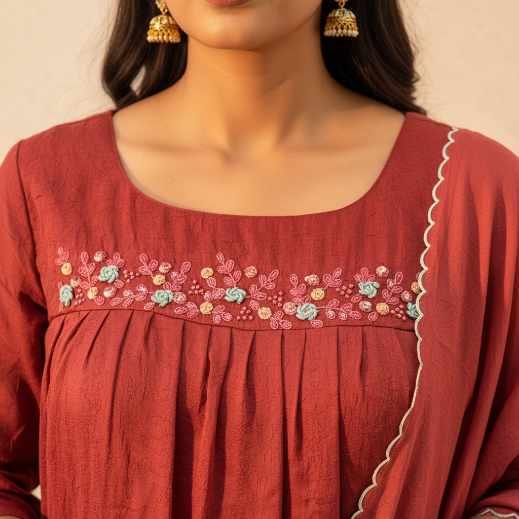 Rust Chanderi Kurti - Floral Hand Embroidery Yoke Close-Up Detail Shot - Ethnic Wear Photography