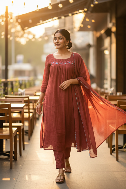 Rust Crushed Chanderi Kurti Set - Candid Walking Lifestyle Pose - Indian Model - Café Outdoor