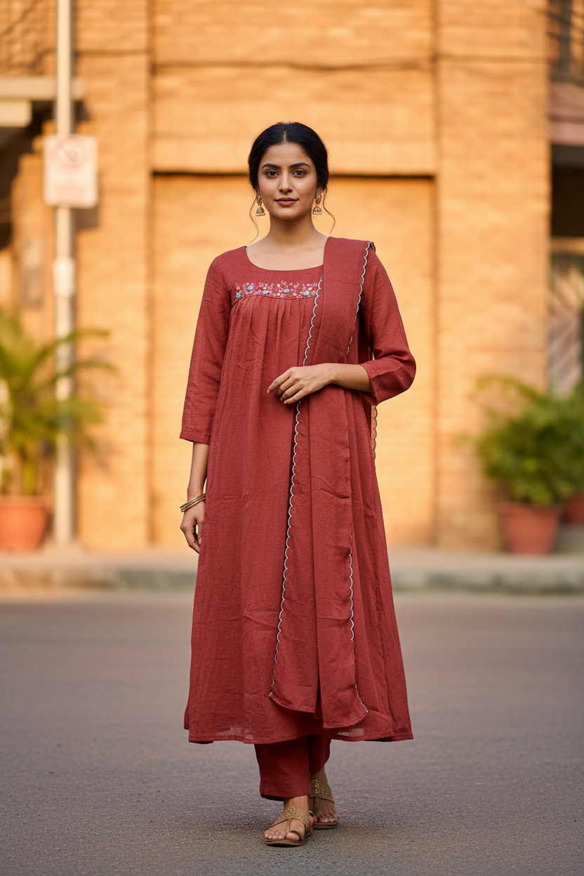 Rust Crushed Chanderi Kurti Set - Full Length Front Pose - Indian Model - Urban Café Background