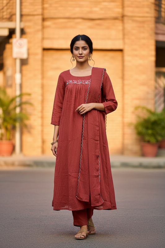 Rust Crushed Chanderi Kurti Set - Full Length Front Pose - Indian Model - Urban Café Background