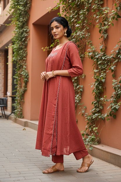Rust Crushed Chanderi Kurti Set - Three Quarter Side Pose - Indian Model - Urban Street Background