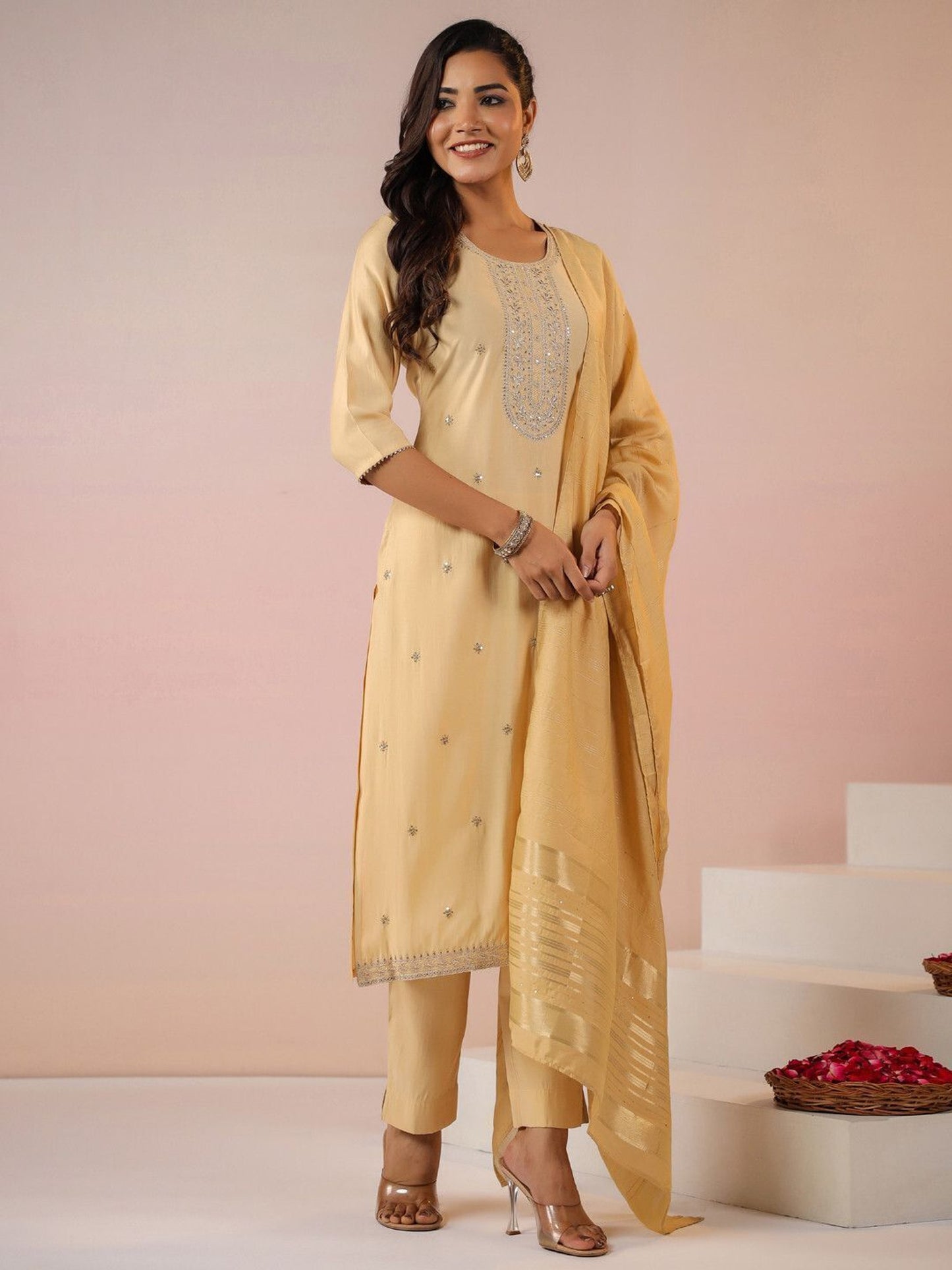 Women Chanderi Embroidered Straight Kurta Set with Dupatta