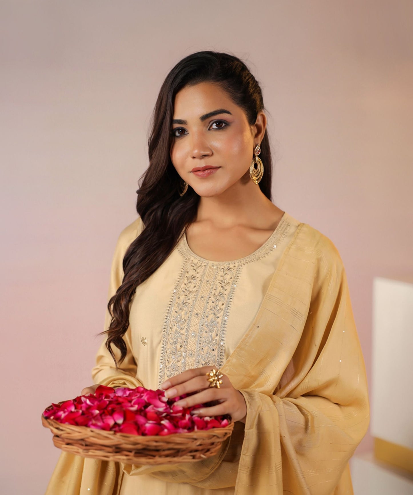 Women Chanderi Embroidered Straight Kurta Set with Dupatta