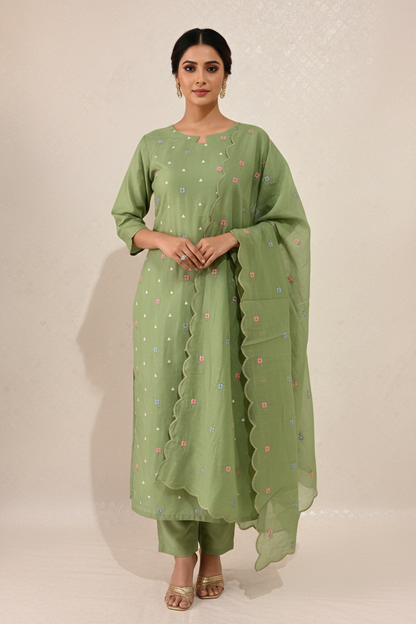 Sage Green Embroidered Kurti — Indian Model Editorial