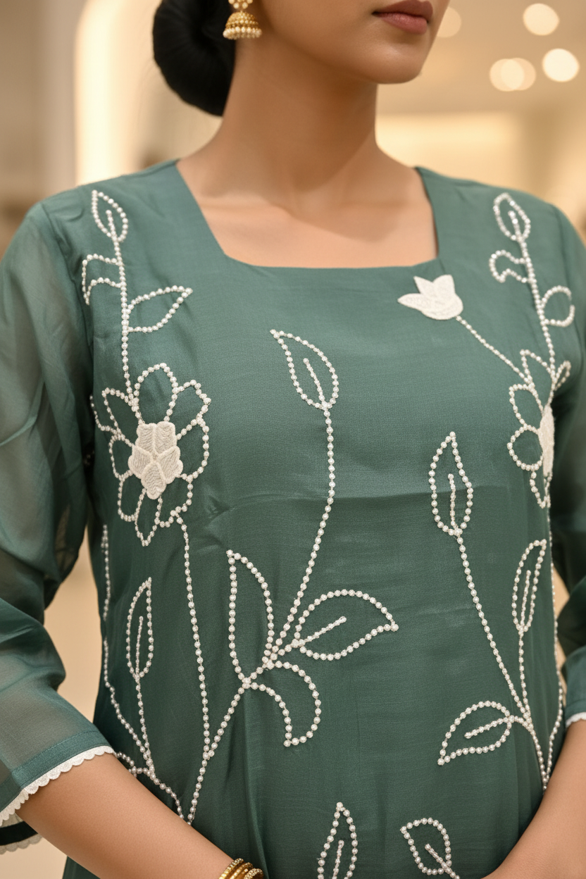 Sage Green Mul Chanderi Kurta - Floral Applique & Pearl Embroidery Close-Up