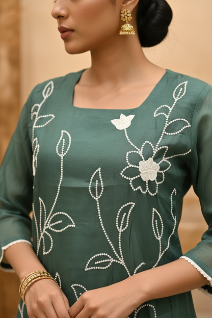 Sage Green Mul Chanderi Kurta - Floral Applique & Pearl Embroidery Close-Up