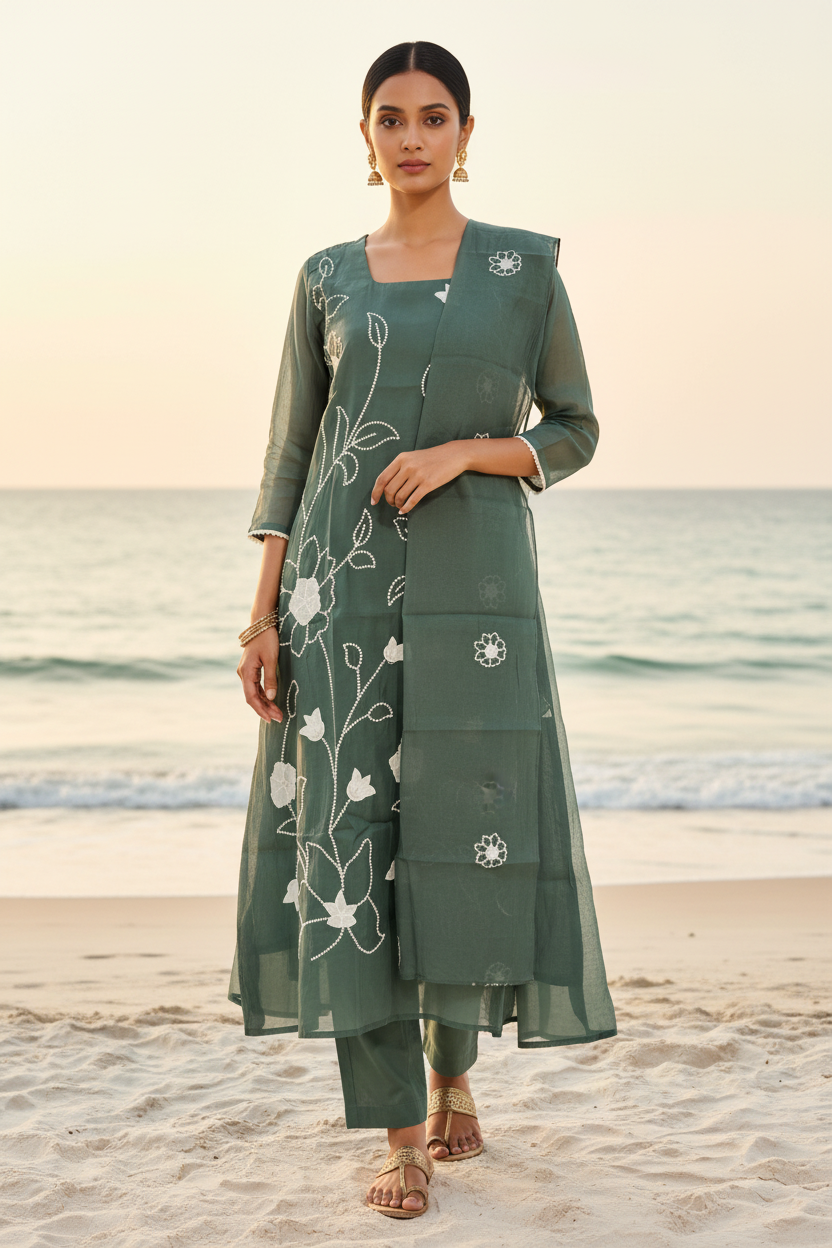 Sage Green Mul Chanderi Kurta Set - Full Length Front Pose