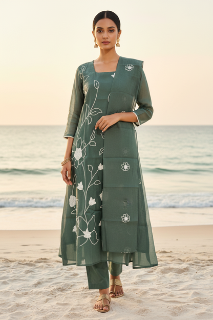 Sage Green Mul Chanderi Kurta Set - Full Length Front Pose