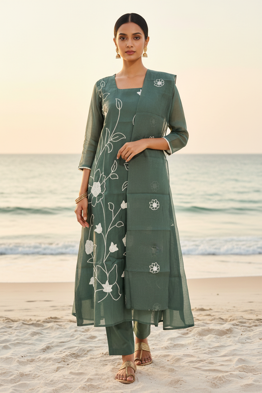 Sage Green Mul Chanderi Kurta Set - Full Length Front Pose