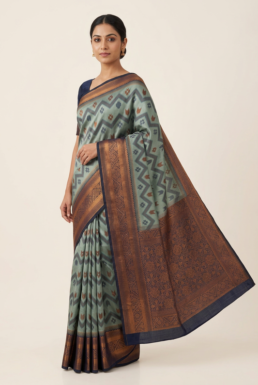 Sage green saree model view in a minimal studio