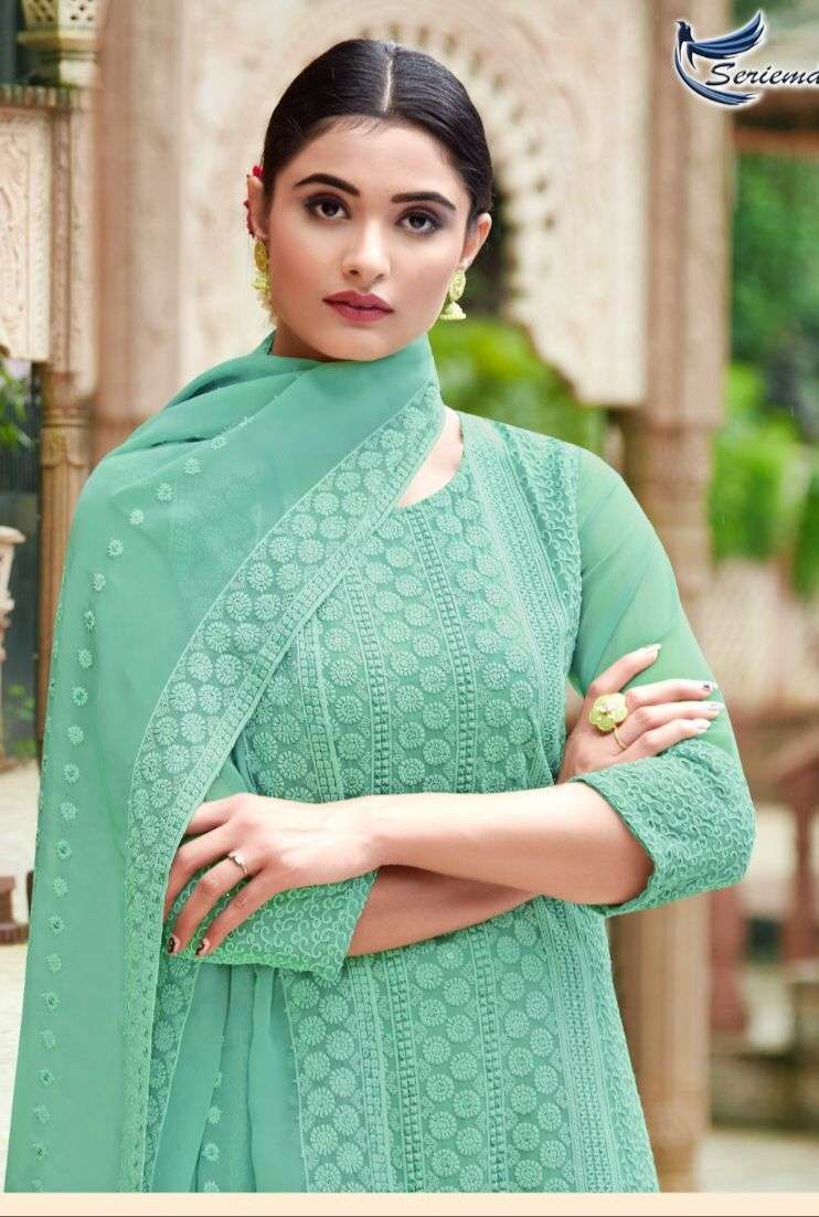 Mint Green Heavy Schiffli Georgette Kurti Set with Dupatta | Stitched Suit