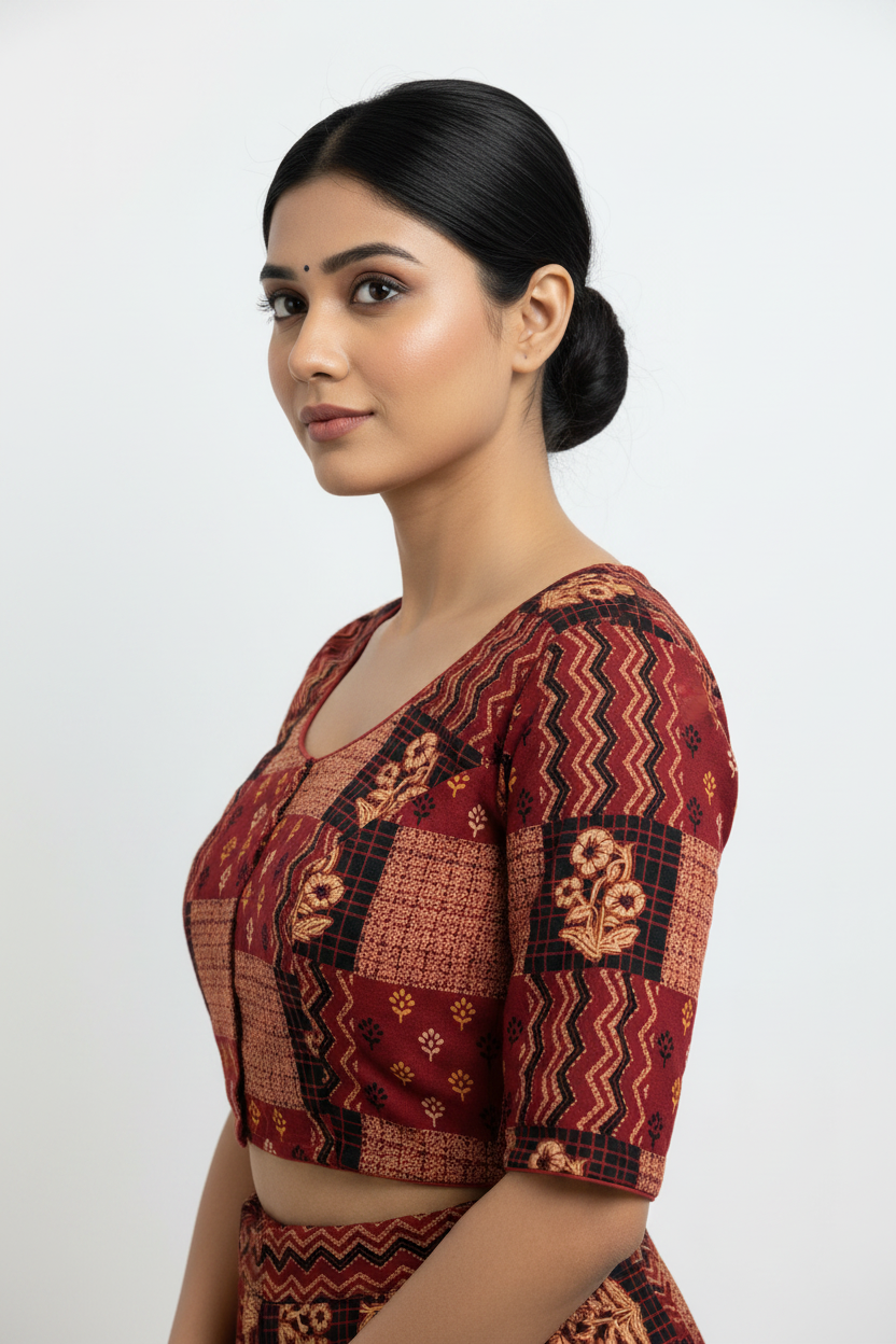 Side Profile — Ajrakh Patchwork Blouse