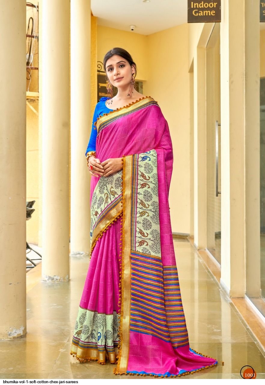 soft cotton chex jari sarees-3