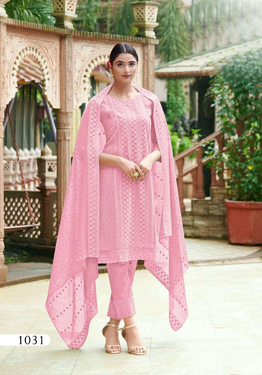 Baby Pink Heavy Schiffli Georgette Kurti Set with Dupatta | Stitched Suit