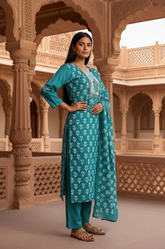 Teal Block Print Cotton Salwar Suit - Three-Quarter Side Pose | Heritage Palace Background