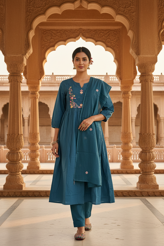 Teal Floral Embroidery Kurti Set - Indian Model Front View | RAE Trends