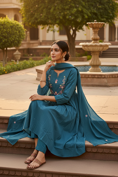 Teal Kurti Salwar Set - Seated Pose Heritage Background | RAE Trends