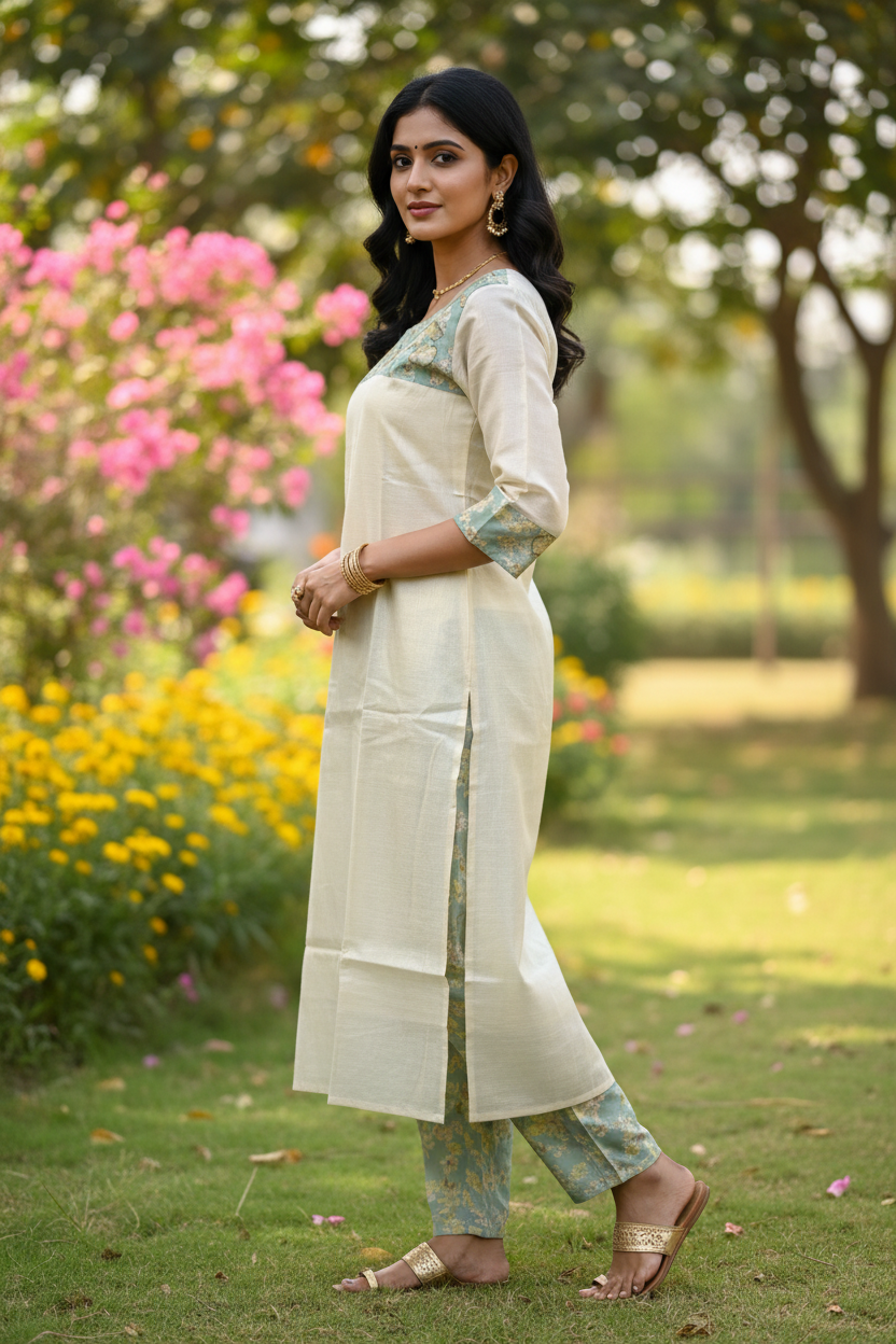 Tissue Kasavu Kerala Coord Set - Indian Model Side Pose Garden Background Ethnic Wear