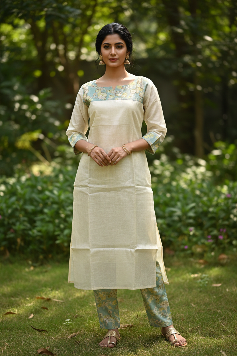 Tissue Kasavu Kerala Handwork Kurti Pant Coord Set - Indian Model Full Length Front Pose - Outdoor Garden