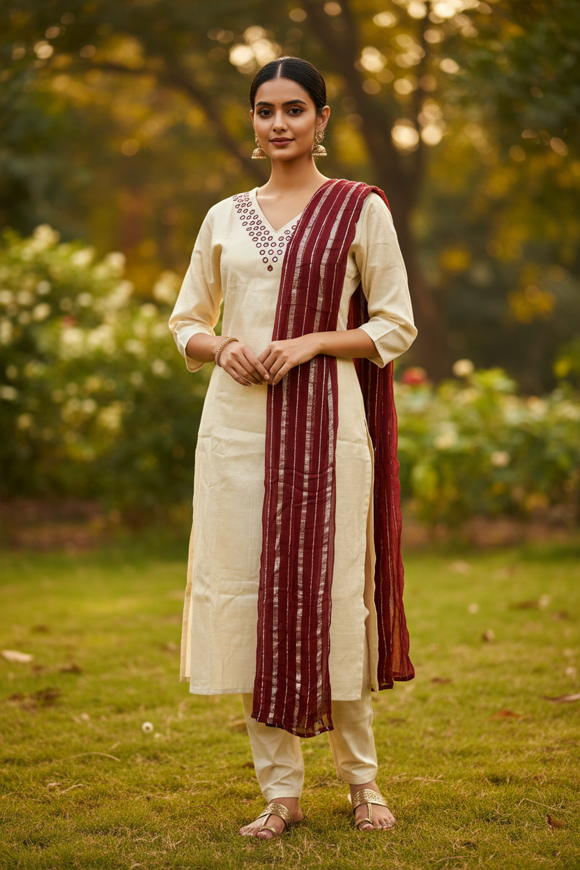 Tissue Kasavu Kerala Handwork Kurti with Dupatta – Front View | Indian Ethnic Wear