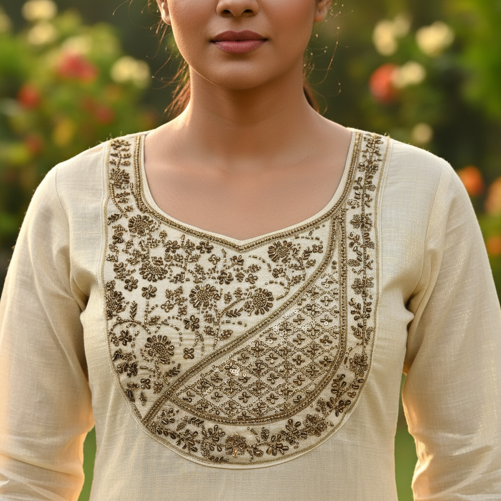 Tissue Kasavu Kerala Kurti – Gold Zardozi Embroidery Close-Up Detail Shot