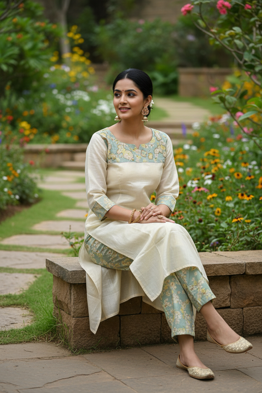 Tissue Kasavu Kurti Pant Set - Indian Model Seated Garden Pose Ethnic Coord Set