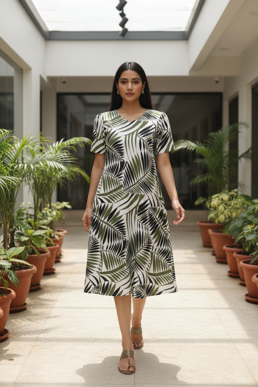 Olive green leaf print cotton kurti walking pose – festival office party wear ethnic fashion RAE Trends