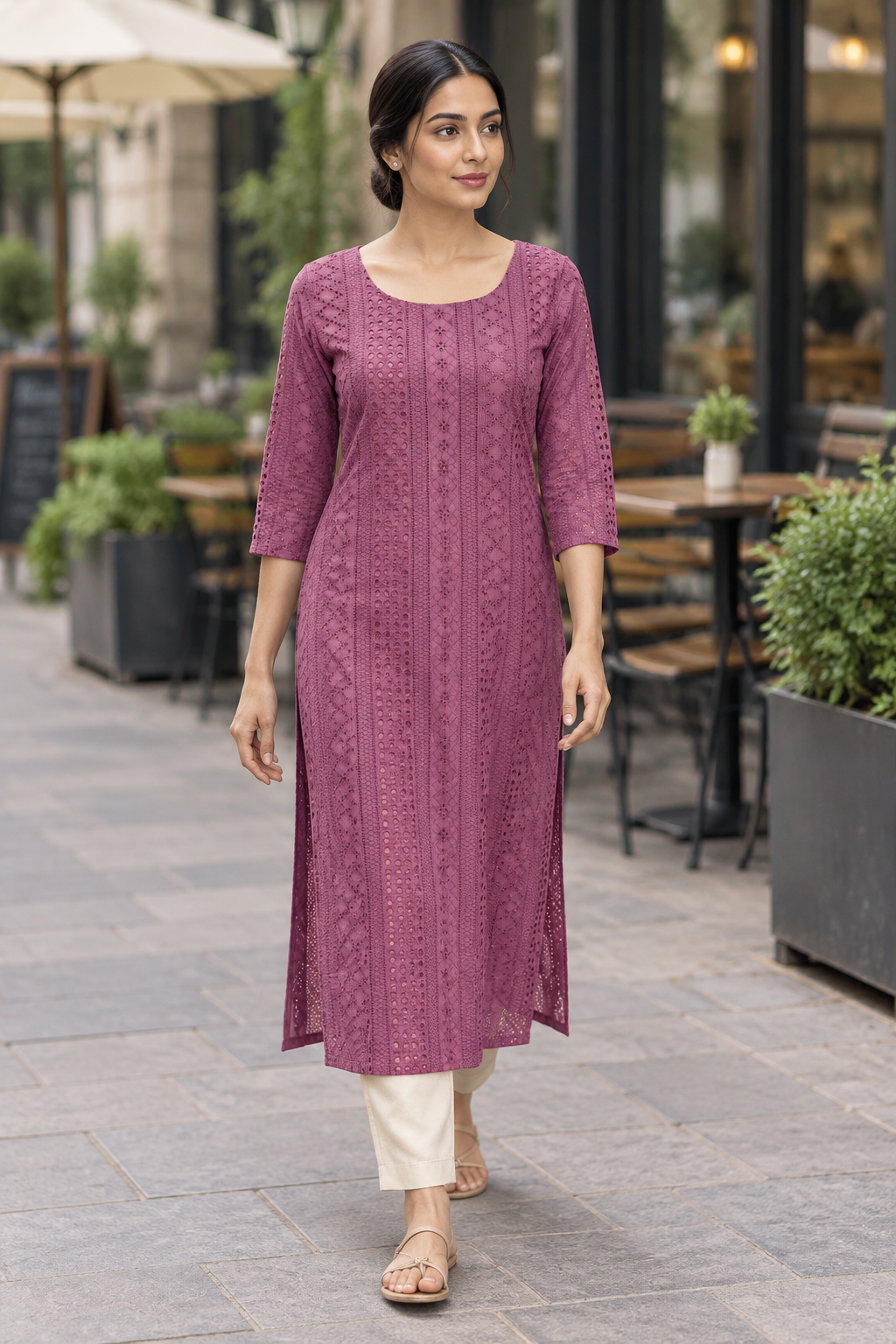 Walking pose in mauve kurti on an urban street