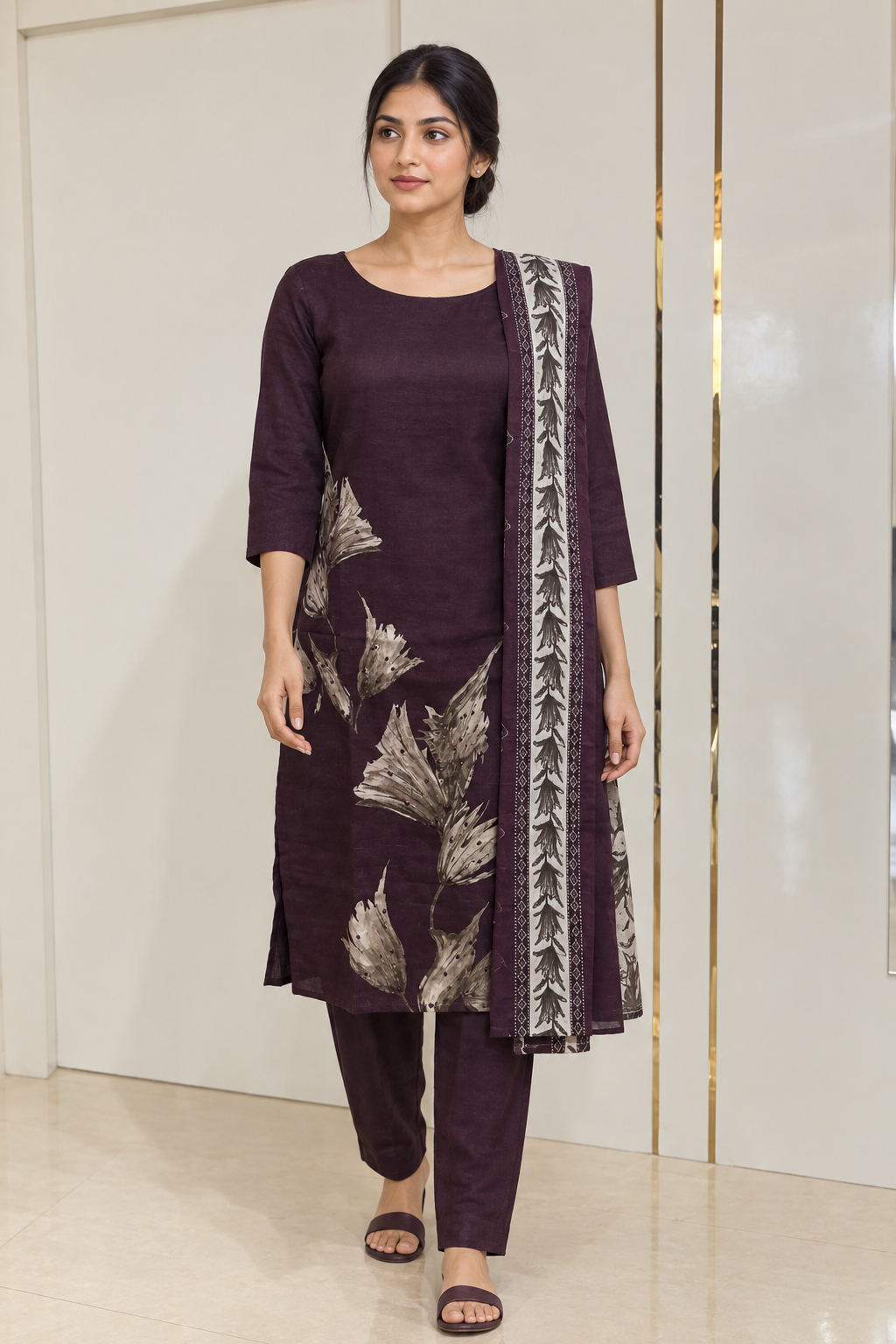 Walking pose in plum leaf-print kurta set