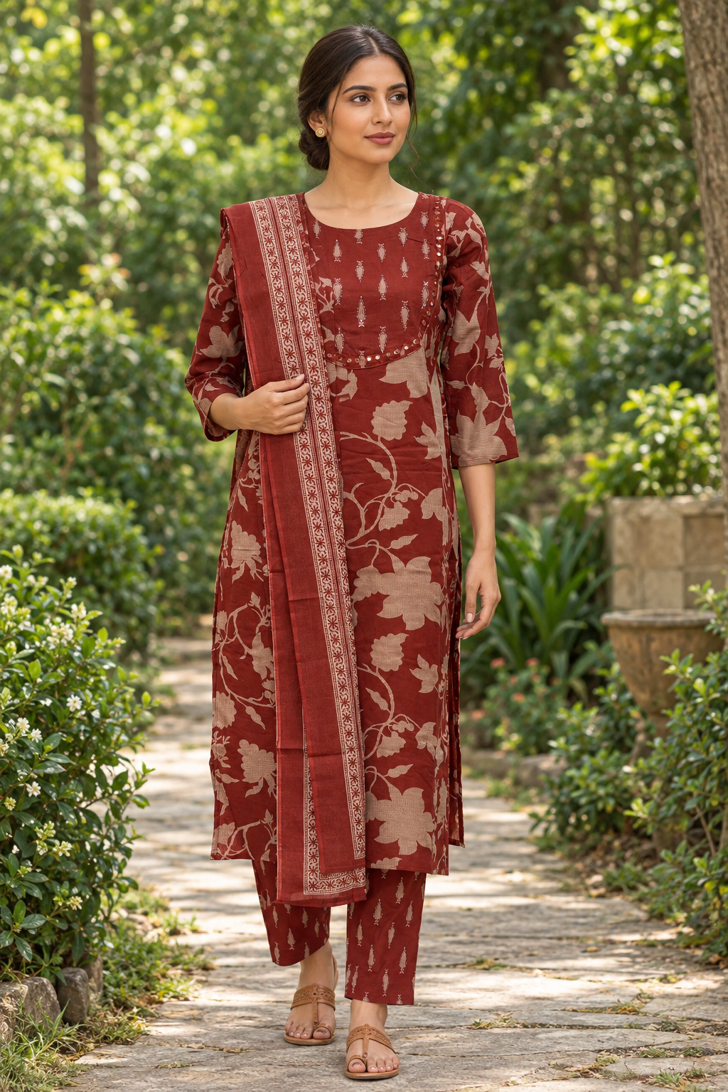 Walking pose in rust-brown floral kurta set