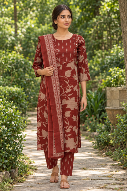Walking pose in rust-brown floral kurta set