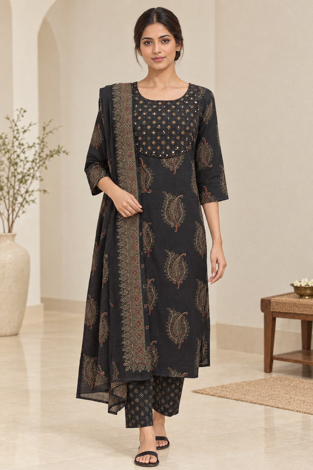 Walking pose in the dark ethnic kurta set