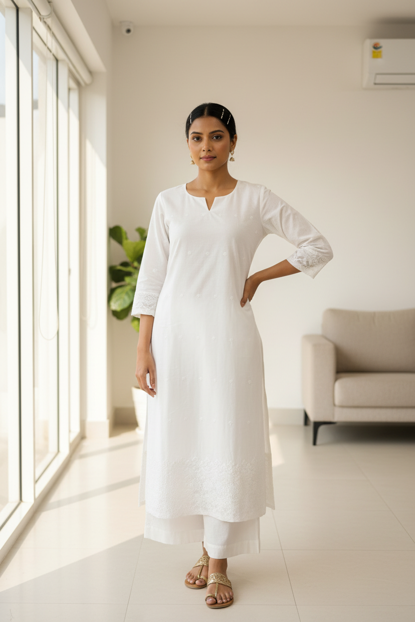 White chikankari cotton A-line kurti full length front view on Indian model - RAE Trends