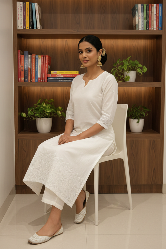 White chikankari kurti Indian model seated lifestyle photography - RAE Trends