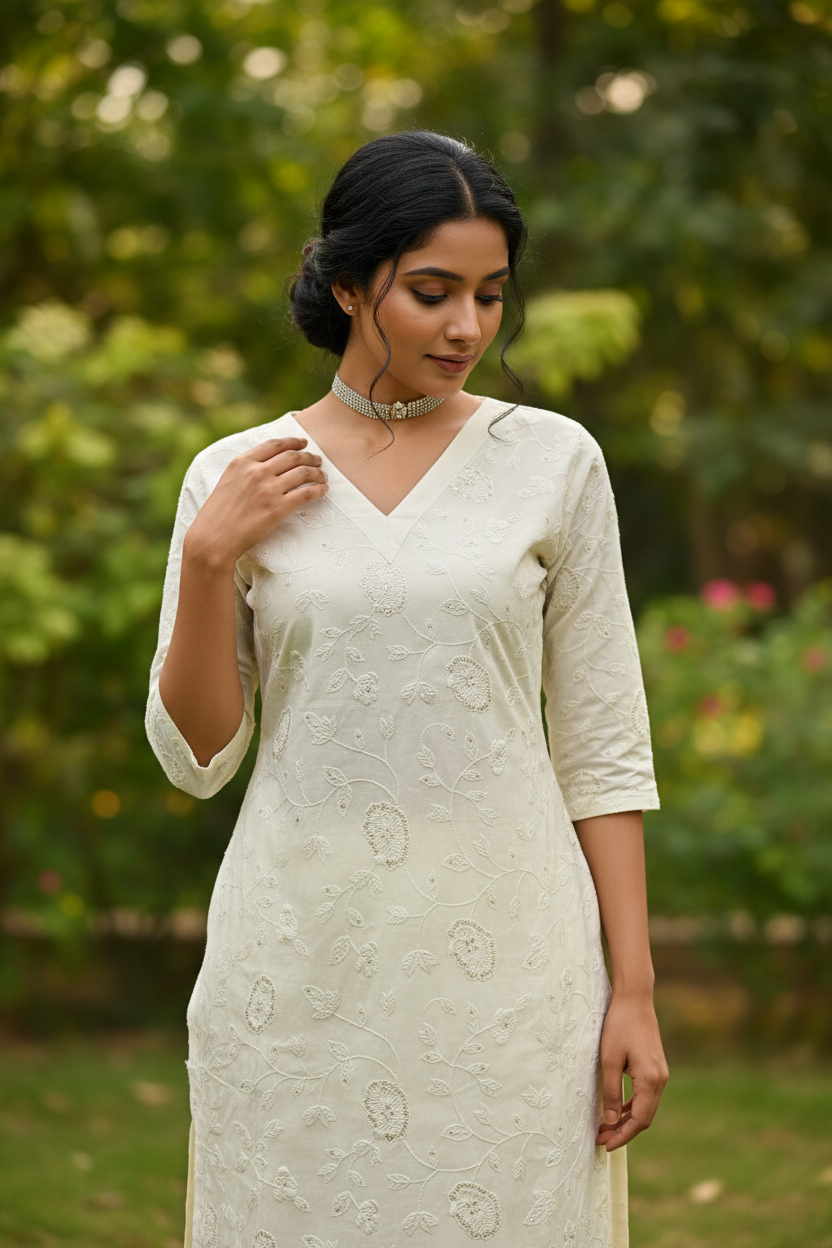 Women's Elegant Cotton Embroidered Co-ord Set – Embroidery Handwork Detail with Indian Model, Floral Sequin Threadwork Close-Up