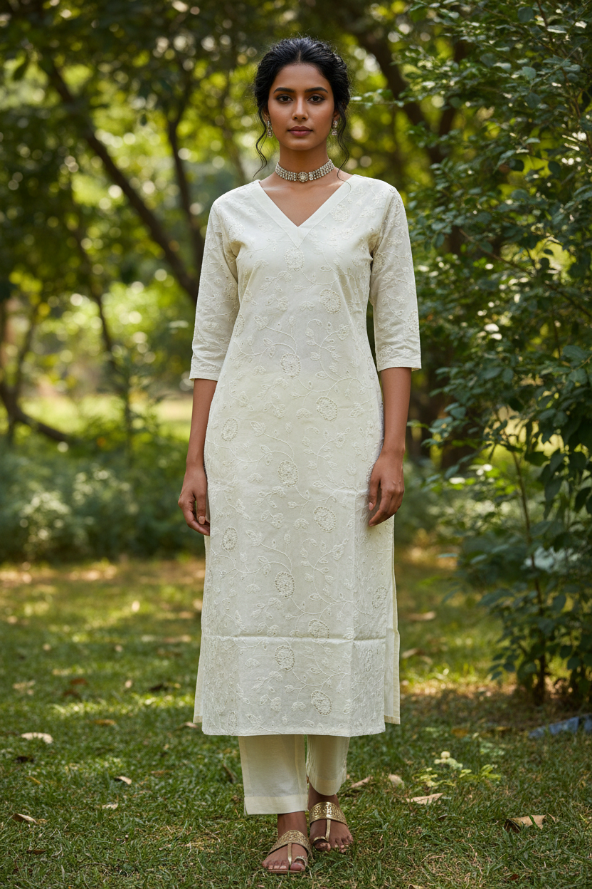 Women's Elegant Cotton Embroidered Co-ord Set – Full Body Front Pose, Indian Model, Outdoor Garden