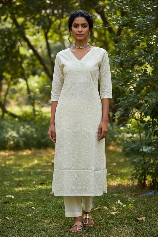 Women's Elegant Cotton Embroidered Co-ord Set – Full Body Front Pose, Indian Model, Outdoor Garden