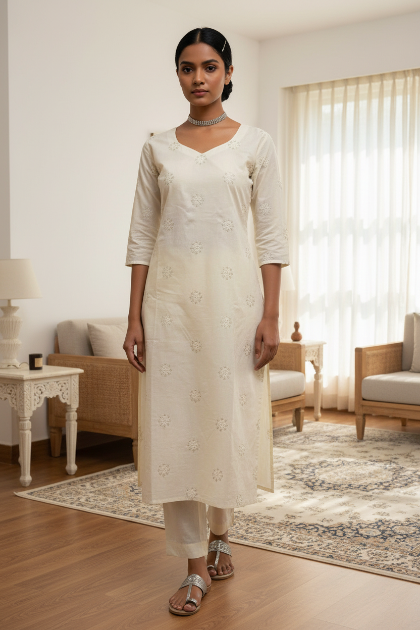 Women's White Cotton Co-ord Set – Full Length Standing Pose – Indian Model – Modern Home Setting