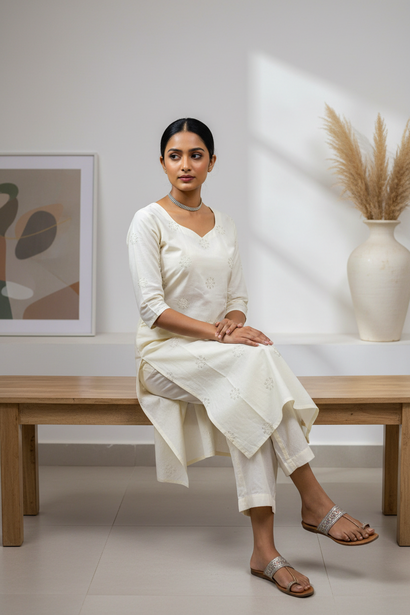 Women's White Cotton Co-ord Set – Seated Pose – Indian Model – Minimalist Home Setting
