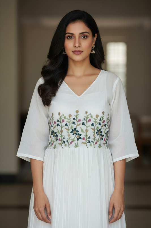 Women's White Floral Kurti – Front Pose