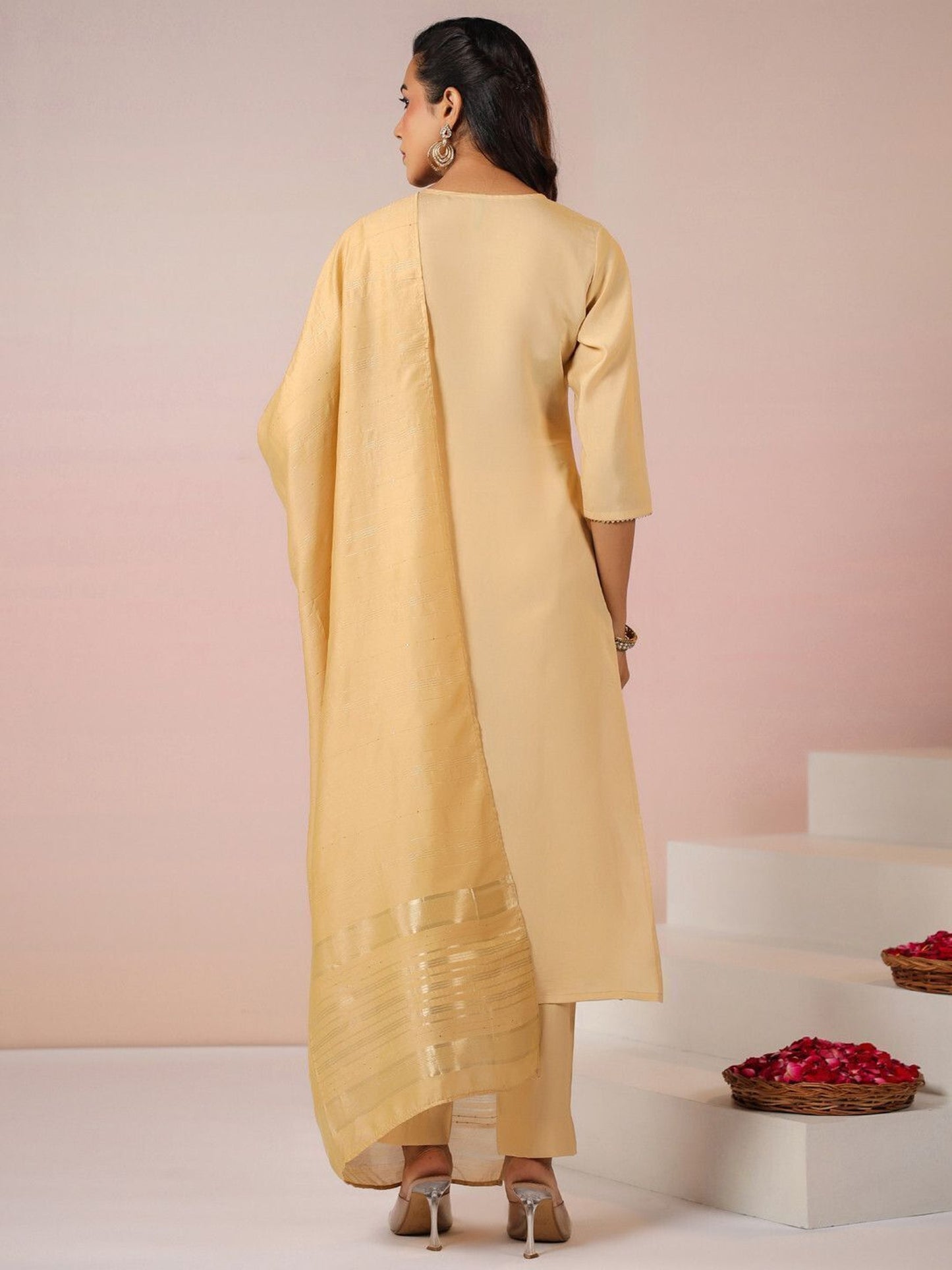 Women Chanderi Embroidered Straight Kurta Set with Dupatta
