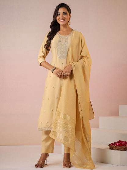 Women Chanderi Embroidered Straight Kurta Set with Dupatta