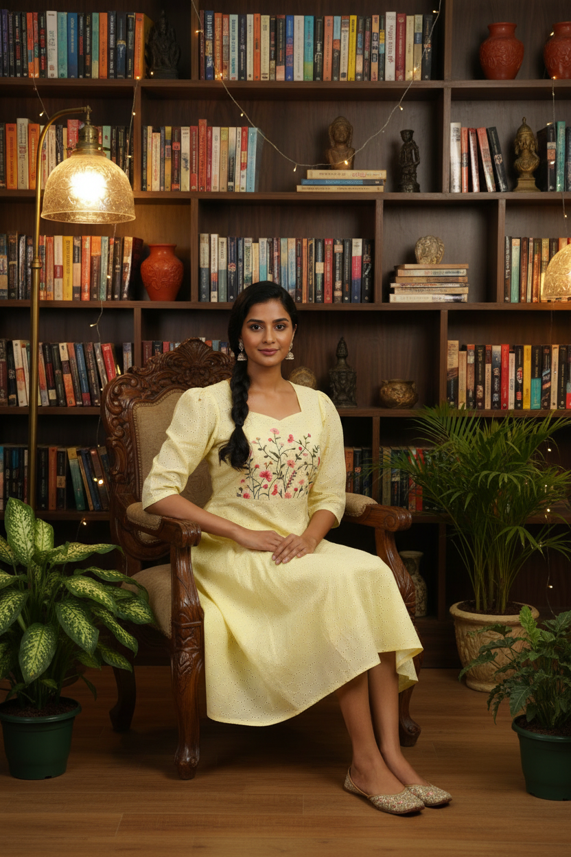 Yellow Hakoba Kurti Seated Indian Model - Elbow Sleeve Above Knee Floral Embroidery Lifestyle