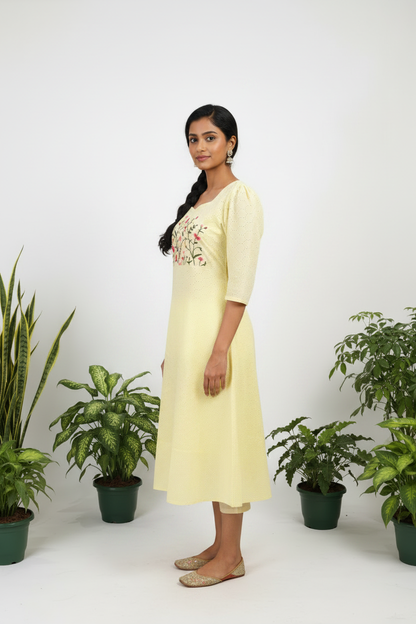 Yellow Hakoba Kurti Side Profile Indian Model - Elbow Sleeve Above Knee A-Line Ethnic Fashion